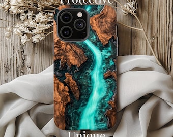 Phone Case, Rustic Turquoise Dark Wood Effect Cover, Protective Hard Case, Unique Gifts, Boho Accessories, Trendy Tech Gadgets, Stylish