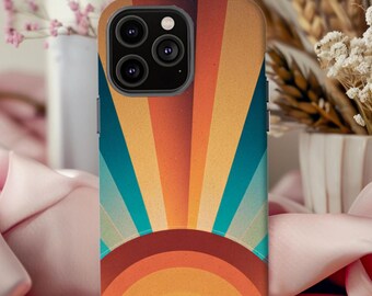 May include: A colorful phone case with a retro sunset design. The case features a vibrant array of colors, including orange, yellow, blue, and brown, arranged in a radiating pattern. The case has a camera cutout and a sleek, modern design.
