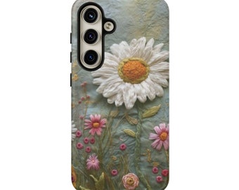 Daisy Embroidery Phone Case, Cottagecore floral phone cover, Floral Aesthetic Case, iPhone, Samsung, Embroidered Looking Phone Case