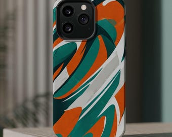 May include: A smartphone case with a vibrant abstract design. The case features a mix of orange, teal, and white curved shapes against a white background. The phone case has a black camera module.