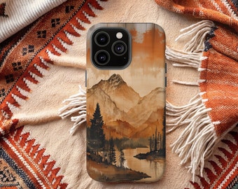 May include: A phone case with a wood-grain design featuring a mountain landscape with a lake and trees. The case has a camera lens cutout with a black border.