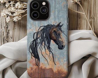 May include: Protective phone case with a horse head design. The case features a distressed blue and brown background with the words "Protective" and "Unique". The horse head is detailed with black and brown colors.