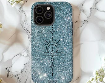 May include: A blue glitter phone case with a black Libra zodiac symbol and the word "Libra" printed on the bottom.