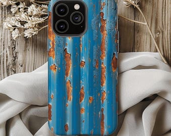 May include: A blue phone case with a distressed metal design. The case has a textured appearance with vertical lines and rust-colored accents. The words "Protective" and "Unique" are printed on the case.