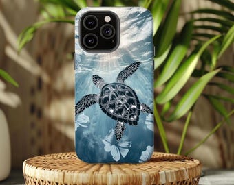 May include: A black and white sea turtle phone case with a blue and white ocean background. The case has a cutout for the camera lens and a raised lip to protect the screen.