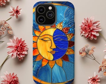May include: A phone case with a stained glass design of the sun and moon. The sun is yellow with orange rays and the moon is blue with a crescent shape. The case is made of a hard plastic material.