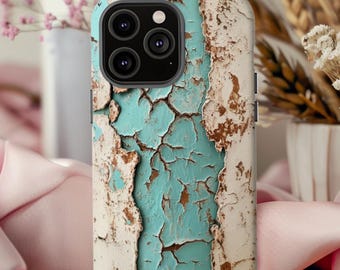 May include: A smartphone case with a distressed paint design. The case features a cracked, peeling paint effect in shades of white, teal, and brown. The case has a camera cutout and buttons.