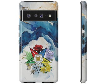 May include: A phone case featuring a watercolor design with blue, gold, and white hues. The case has a prominent emblem with a red rose, a star, and floral accents. The case is designed to fit a phone with a camera array.