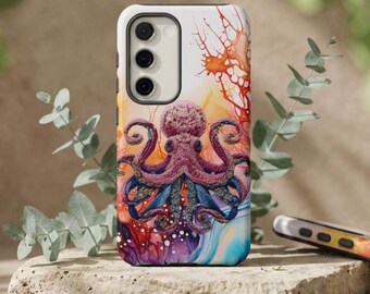 May include: A phone case featuring a vibrant watercolor design of an octopus. The octopus is depicted in shades of purple and blue, set against a backdrop of orange, yellow, and white. The case has a white border and a camera cutout.