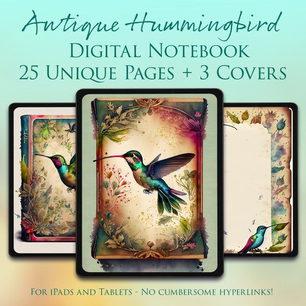 25 Pages - 3 Covers - GoodNotes Digital Notebook Journal - Antique Hummingbird - Blank - Bird - Wings - Flowers - Junk Journal - Ephemera