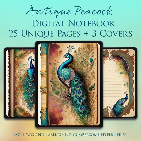 25 Pages - 3 Covers - GoodNotes Digital Notebook Journal - Antique Peacock - Blank - Birds - Feathers - Teal - Junk Journal - Ephemera