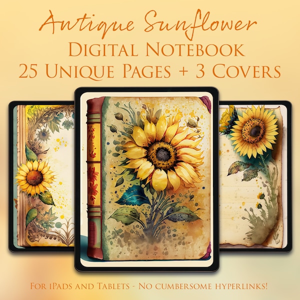 25 Pages - 3 Covers - GoodNotes Digital Notebook Journal - Antique Sunflower - Blank - Flowers - Floral - Yellow - Junk Journal - Ephemera
