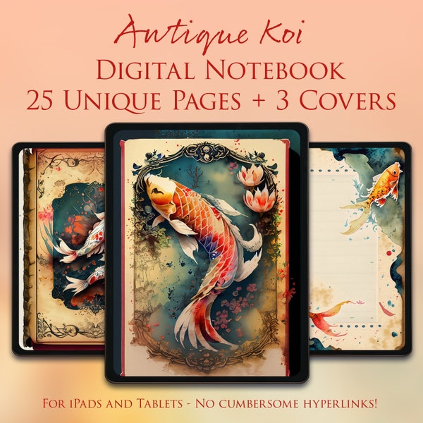 25 Pages - 3 Covers - GoodNotes Digital Notebook Journal - Antique Koi - Blank - Fish - Fin - Orange - Junk Journal - Ephemera