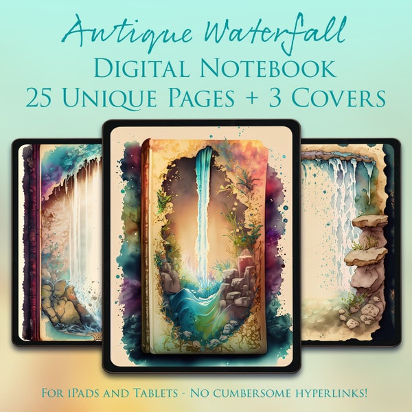 25 Pages - 3 Covers - GoodNotes Digital Notebook Journal - Antique Waterfall - Blank - Nature - Water - Outdoors - Junk Journal - Ephemera