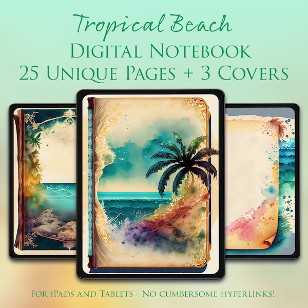 25 Pages - 3 Covers - GoodNotes Digital Notebook Journal - Tropical Beach - Blank - Ocean - Palm Trees - Surf - Junk Journal - Ephemera