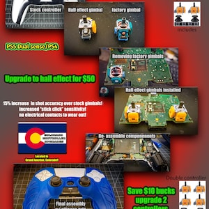 May include: A blue and white PlayStation 5 DualSense controller with a silicone grip. The controller is shown with a red background and text that reads "Dont buy a hall effect controller for $200-$250!!!" and "Upgrade to hall effect for $50".
