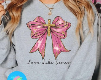 Cross Coquette Bow Sweatshirt, Christian Shirt, Gift For Christian, Pink Bow Shirt, Religious Women Gift, Coquette Bow Valentine, Jesus Gift