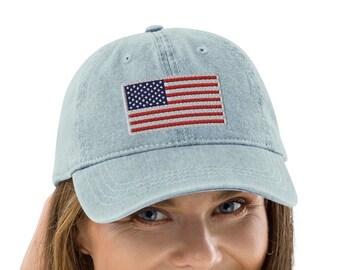 American Flag Embroidered Adjustable Denim Baseball Cap, American Flag Hat, USA Hat, USA Baseball Hat, 4th of July Hat