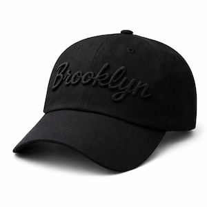 BLACK on Black Brooklyn 3D Puff Cursive Embroidered Relaxed Fit Hat, Brooklyn Hat, Brooklyn Fan, Brookly Baseball Cap, Brooklyn New York Hat