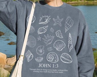 Seashell Bible Verse Comfort Colors® Sweatshirt, Ocean Life Coastal Aesthetic Pullover, Lightweight Summer Beach Sweater for Christian Girl