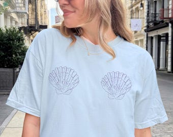 Seashell Bra Comfort Colors®  Shirt, Mermaid T-Shirt, Mermaid Bra Seashell Tee, Vacation Tee, Beach Shirt for Her, Cute Girls Summer Shirt