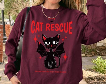 Whimsical Black Cat Rescue Halloween Sweatshirt, Vintage Cult Classic Horror Movie Salem Witch Sweatshirt, Spooky Black Cat Lover Halloween