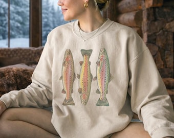Rainbow Trout Fishing Crewneck Sweatshirt, Trout Sweatshirt, Retro Fish Sweater, Fishing Sweatshirt, Fisherman Rainbow Trout Fishing Shirt