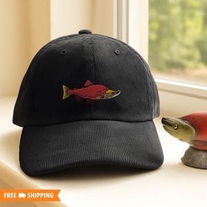 Salmon Embroidered Adjustable Vintage Corduroy Cap, Salmon Lover Dad Hat, Wildlife Hat, Fishing Gift, Fishing Hat for Him, Wildlife Beanie