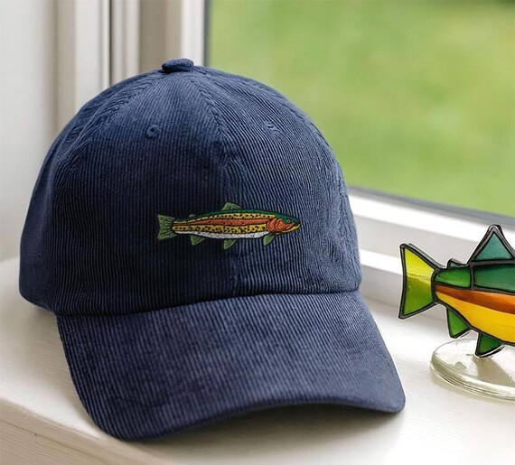 Rainbow Trout Embroidered Adjustable Vintage Corduroy Cap, Trout Fishing Dad Hat, Rainbow Trout Hat, Fishing Gift, Fishing Hat for Him