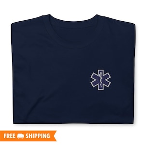 EMT Symbol Embroidered Short-Sleeve Unisex T-Shirt, Emergency Medical Shirt, Paramedic T-Shirt, EMS Driver Shirt, Star of Life Shirt
