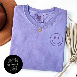 Embroidered Happy Face Comfort Colors Shirt, Custom Happy Face Shirt, Smile Shirt, Retro Happy T-Shirt, Embroidered Shirt, Custom Shirt