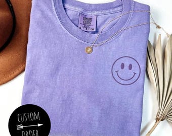 Embroidered Happy Face Comfort Colors Shirt, Custom Happy Face Shirt, Smile Shirt, Retro Happy T-Shirt, Embroidered Shirt, Custom Shirt
