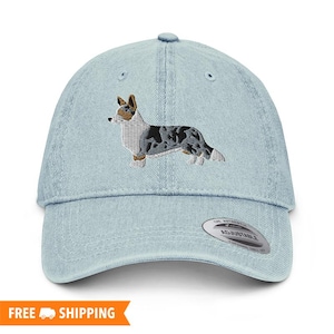 Blue Merle Cardigan Welsh Corgi Embroidered Denim Dad Hat, Corgi Dog Owner Hat, Corgi Dog Lover, Blue Merle Dog Hat, Dog Gift, Cute Dog Hat