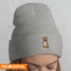 Tuxedo Pitbull Embroidered Warm Beanie, Brown and White Pittie Hat, Pitbull Mom Gift, Pibble, American Bully, Tuxedo Pittie Dog Hat