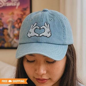 Cartoon Glove Heart Hands Hat, Embroidered Adjustable Relaxed Fit Dad Hat Denim Cap, Cute Fun Theme Park Hat