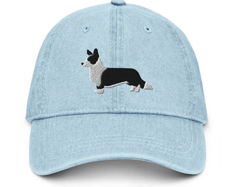 Black and White Cardigan Welsh Corgi Embroidered Denim Hat, Corgi Dog Owner Hat, Cardigan Corgi Dog Lover, Black and White Corgi Dog Hat