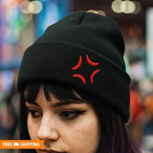 Popping Anime Vein Embroidered Warm Cuffed Beanie, Anime Gift Hat, Anime Beanie, Anime Lover Gift, Funny Comic Con Beanie Outfit Accessory