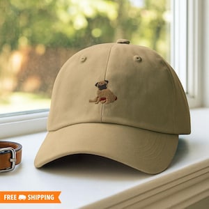 Pug Embroidered Adjustable Relaxed Fit Hat, Handmade Baseball Cap, Cute Pug Dog Owner Gift, Pet Embroidered Hat, Pug Mom Gift