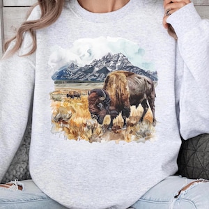 Retro Bison Sweatshirt, 90s Wilderness Outdoor Park Scene Sweatshirt, American Buffalo Sweatshirt, Boho Crewneck Sweatshirt