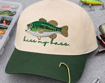 Kiss My Bass Embroidered Trucker Hat, Summer Trucker Hat, Boating Hat, Fishing Caps, Fishing Trucker Hat, Summer Lake And River Hat