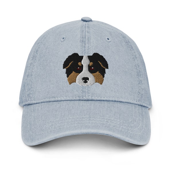 Australian Shepherd Embroidered Adjustable Denim Hat, Tricolor Aussie Shepherd Hat, Australian Shepherd Gift, Aussie Shepherd Dog Owner Hat