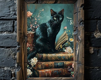 Black Cat Wall Art Poster, Vintage Animal Wall Art, Bookish Floral Cottagecore Wall Decor, Victorian Painting Style Art Gift