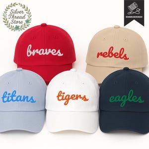 Peut inclure: Plusieurs casquettes de baseball de couleurs variées, chacune brodée d'un nom d'équipe. Les casquettes comprennent le rouge avec "braves", beige avec "rebels", bleu clair avec "titans", blanc avec "tigers", et marine avec "eagles".