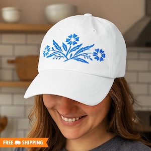 Blue Cornflower Embroidered Adjustable Hat, Nostalgic Corningware Inspired Dish White Hat, Gifts for Mom and Grandma, Home Cooking Baking