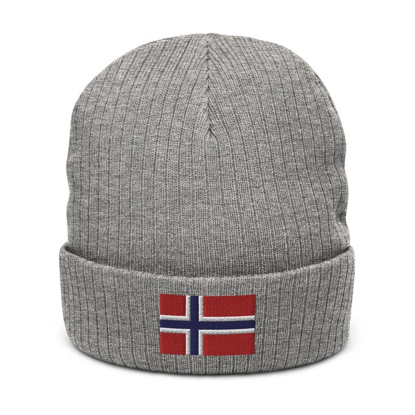 Bonnet Norvège, bonnet brodé en tricot côtelé chaud, chapeau drapeau Norvège, chapeau drapeau Norvège, cadeau Norvège