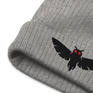 May include: A gray beanie with a black moth design embroidered on the front. The moth has red eyes and is depicted with its wings spread. The beanie is made of a ribbed knit fabric.