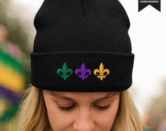 Mardi Gras Beanie: Fleur De Lis Embroidered Cuffed Hat - Etsy display picture 1