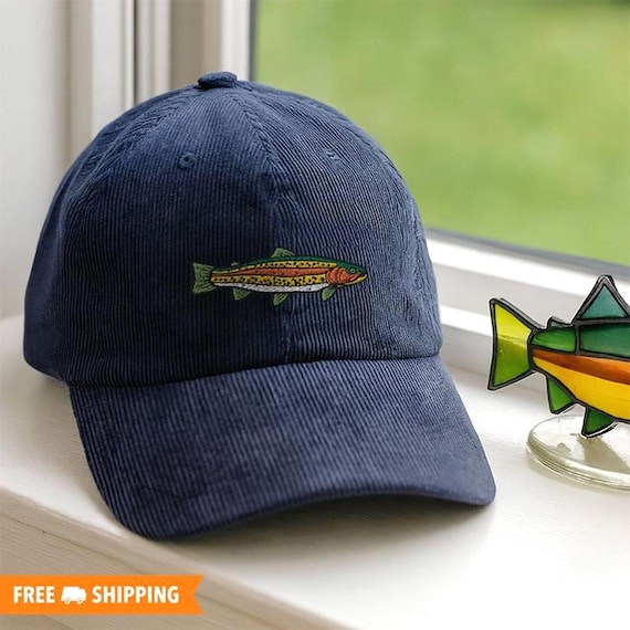 Rainbow Trout Embroidered Adjustable Vintage Corduroy Cap, Trout Fishing Dad Hat, Rainbow Trout Hat, Fishing Gift, Fishing Hat for Him