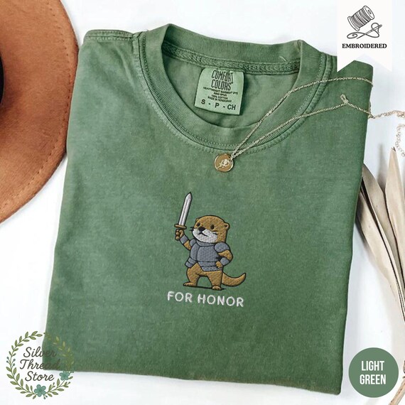 Otter with Sword Knight Embroidered Comfort Colors® Shirt, Medieval Otter Shirt, Cute Renaissance Fair T-Shirt, Otter Side Quest Shirt
