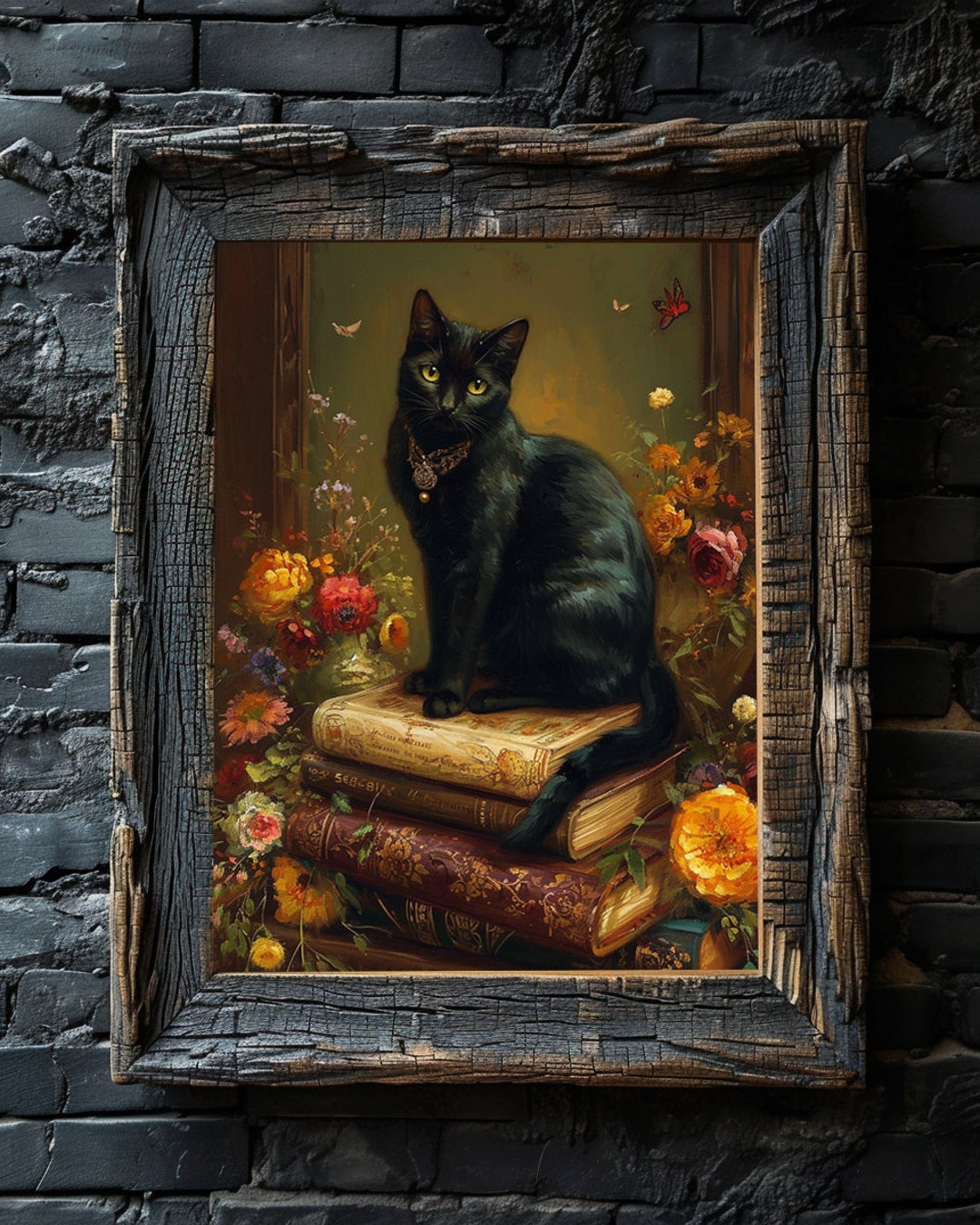 Black Cat Wall Art Poster, Vintage Animal Wall Art, Bookish Floral